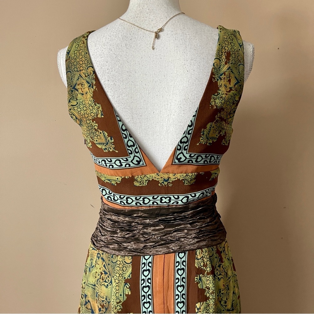 NICOLE MILLER | 100% Silk Patterned Deep V-neck Midi Cocktail Dress Sz 4 - Picture 6 of 9